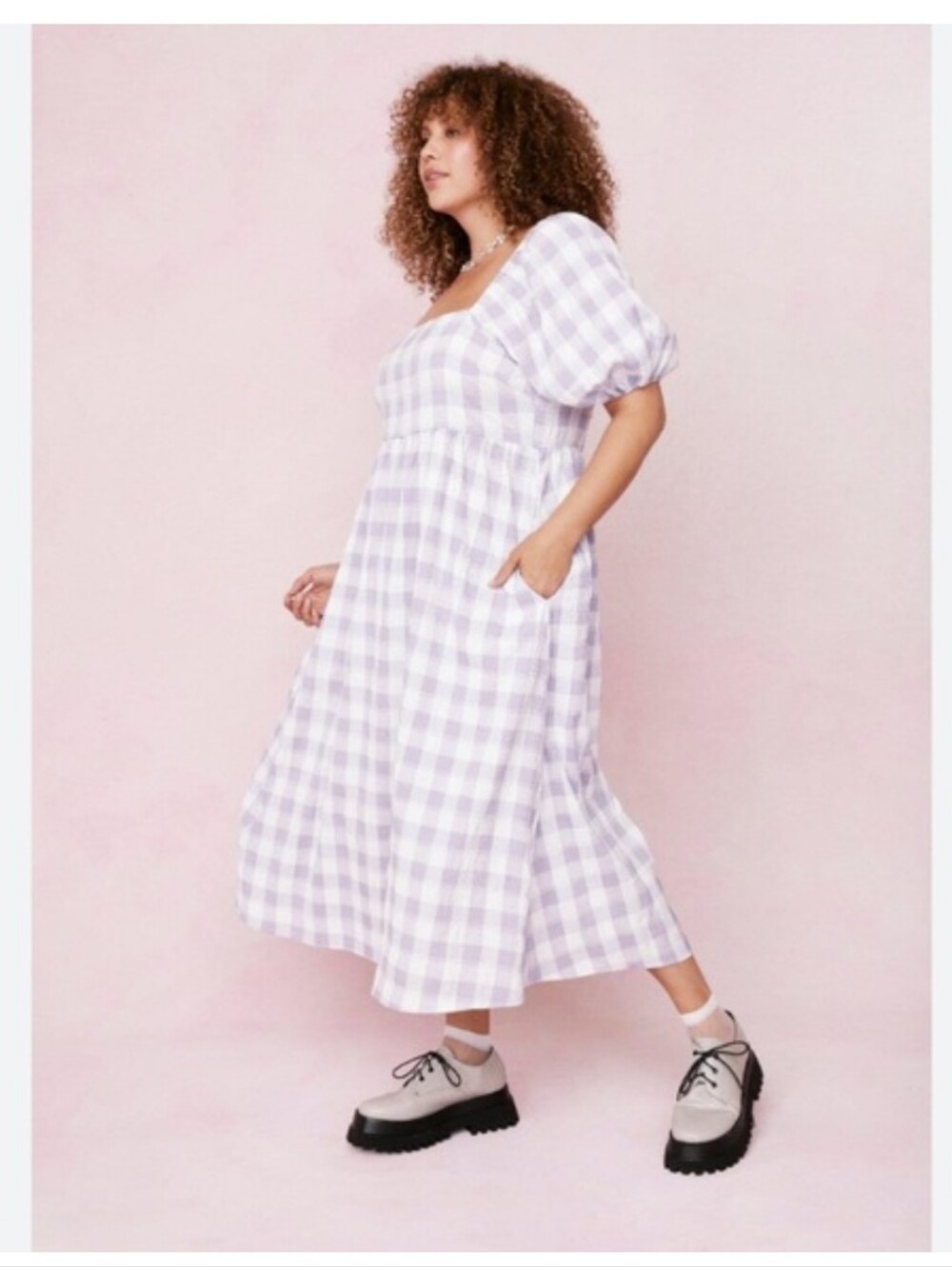 Square Neck Puff Sleeve Gingham Midi Dress in Lavender - Picture 4 of 5